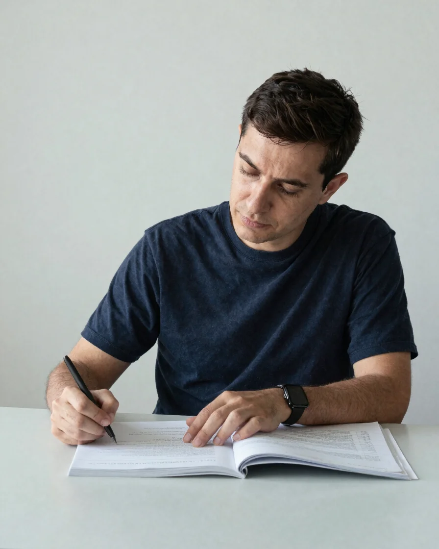 Documentary editorial photograph of a practitioner reviewing course notes at a plain desk, soft neutral daylight, unclut